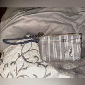 Coach Striped Wristlet in Grayish Blue and Cream